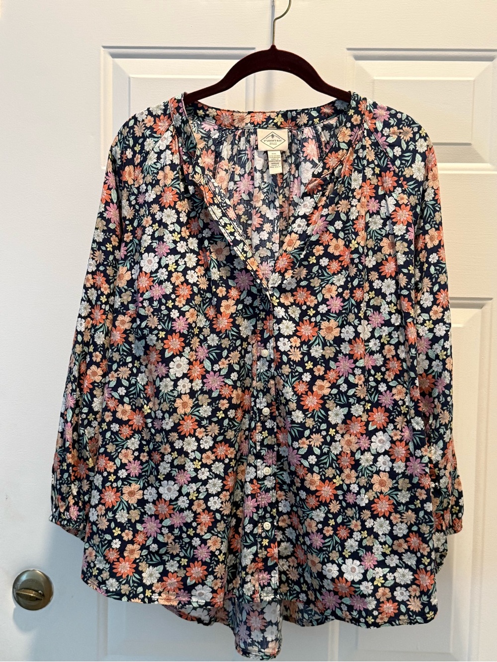 St. John's Bay Navy Floral Button-Front Blouse with Pink & Cream Flowers